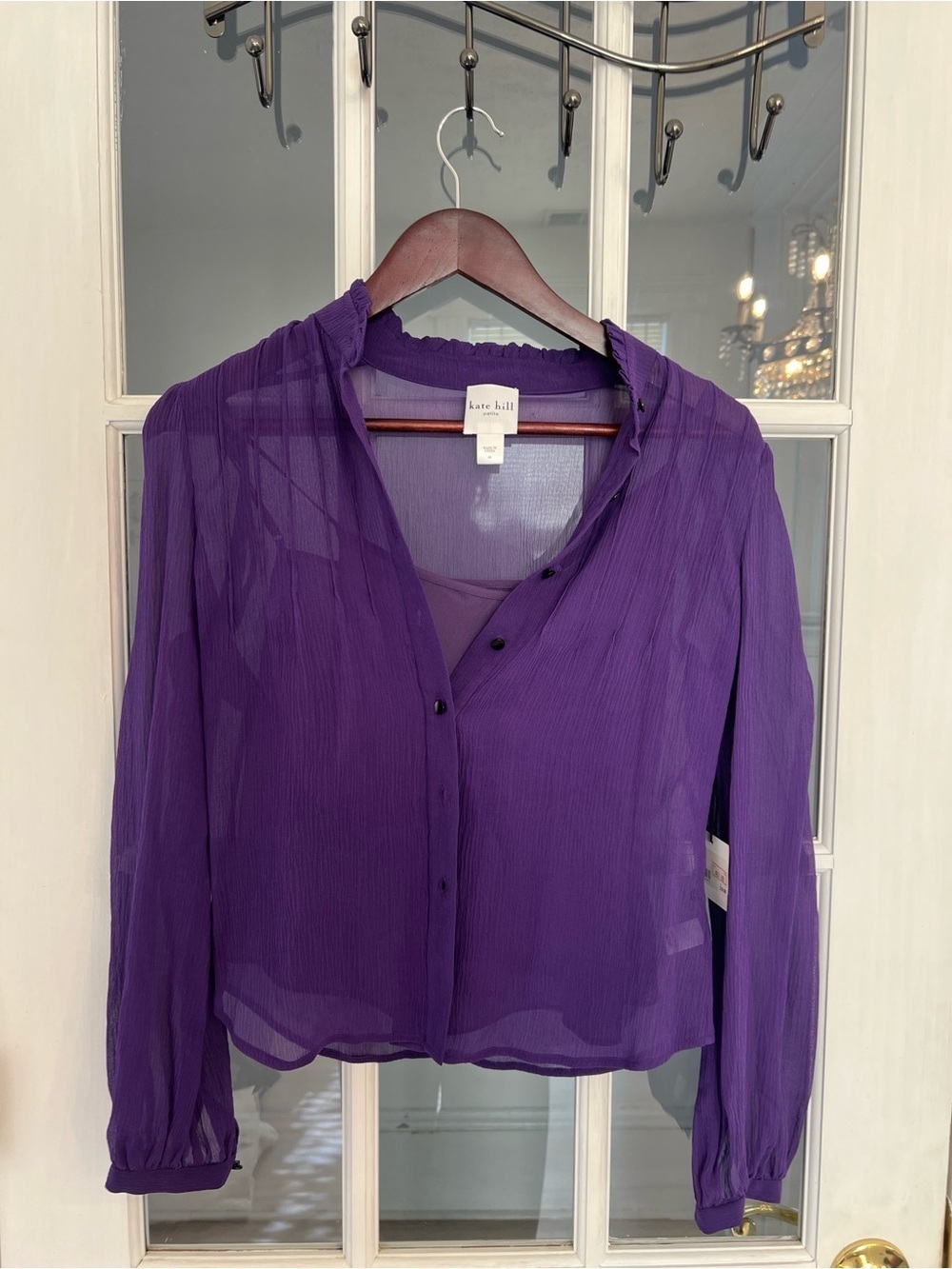KATE HILL Women's Purple 100% Silk Sheer Long Sleeve Button Down Shirt Size 4P